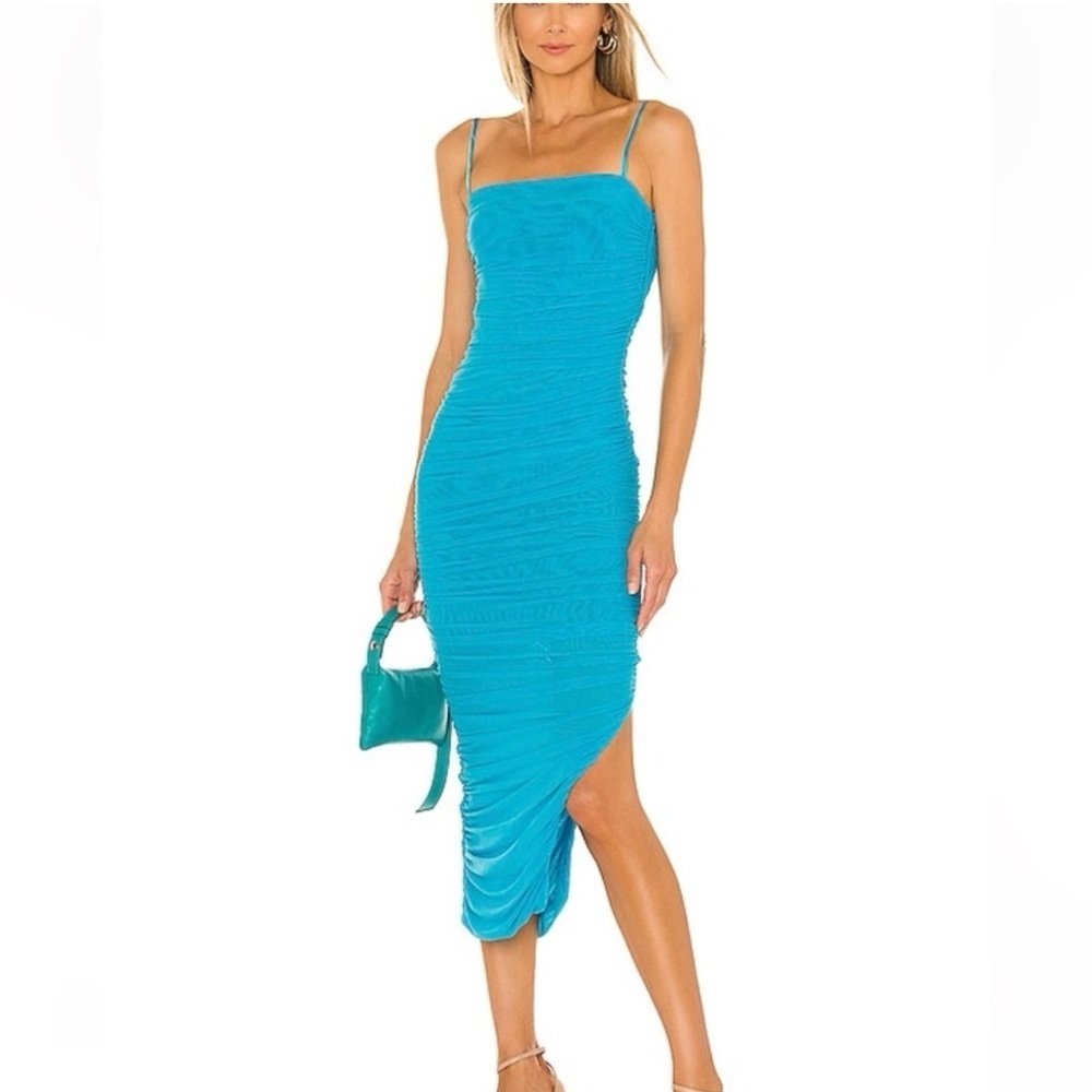 SNDYS Simone Ruched Mesh Midi Dress Blue NWT Size 4
